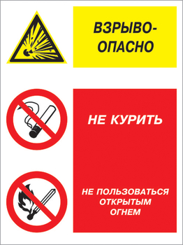 Кз 11 взрывоопасно - не курить и не пользоваться открытым огнем. (пластик, 400х600 мм) - Знаки безопасности - Комбинированные знаки безопасности - магазин "Охрана труда и Техника безопасности"